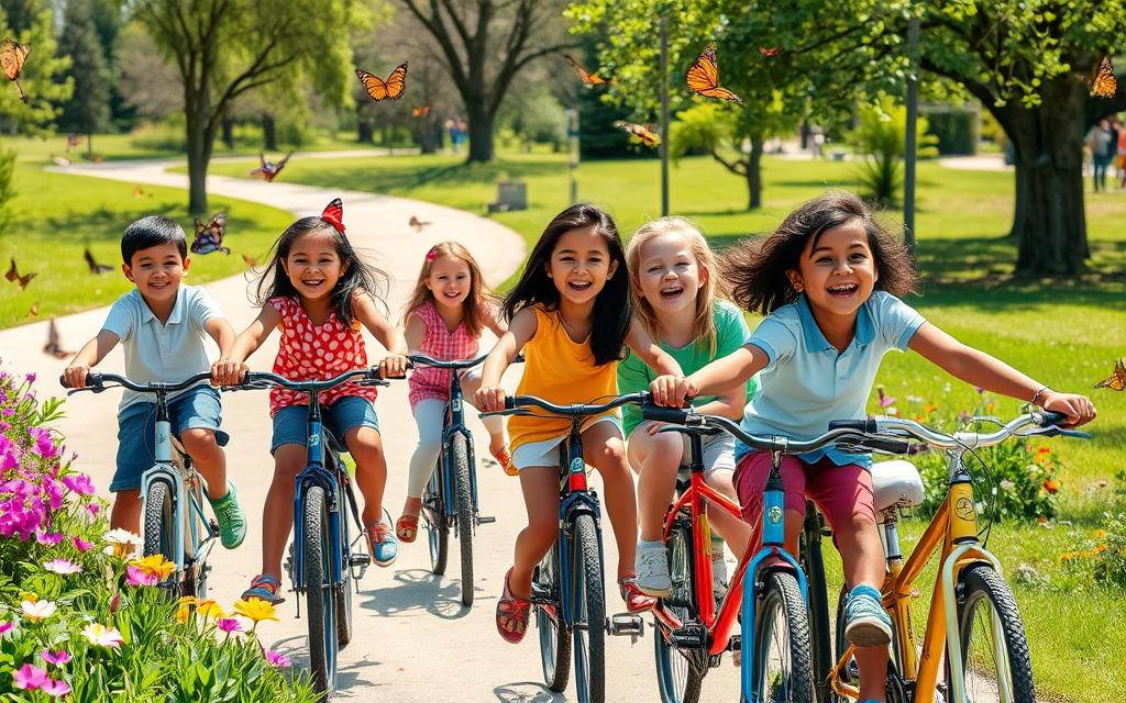 children riding bikes together